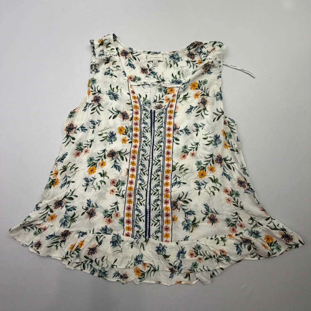 Lucky Brand Women's Floral Print Sleeveless Split-Neck Ruffle Hem Blouse